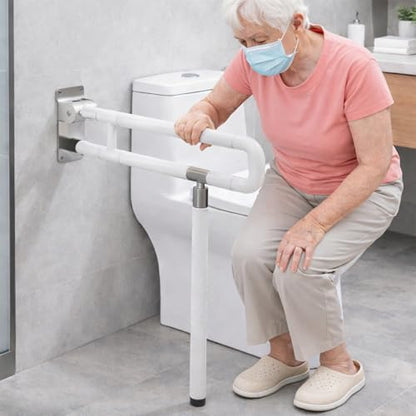 23.6" Flip-Up Toilet Grab Bar with Support Leg, Stainless Steel Bathroom Safety Rail for Elderly & Disabled, Folding Handicap Grab Bar Wall Mounted Assist Handle for Toilet, Shower & Bathtub