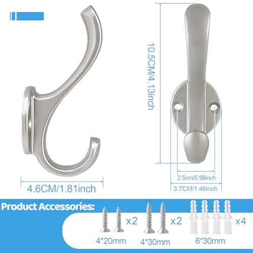 6 Pack Coat Hooks Wall Mount Heavy Duty Utility Retro Double Hooks for Hanging Coats,Hat, Towel, Key, Robe, Scarf, Bag, Cap (Silver) - color: 6 Pack-Silver