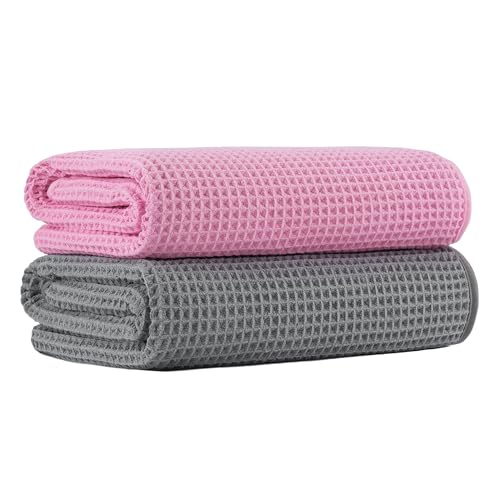 MICROFI New Microfiber Waffle Bath Towels, 2 Pieces, Oversized, Soft, Absorbent, Fast Drying, Lint Free 430 GSM (30''x60''/76cm x 152cm) - color: Gray+pink