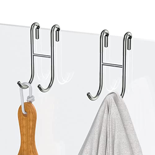 Over Shower Glass Door Hooks, 2 Pack Silver 304 Stainless Steel Shower Door Hooks, Bathroom Frameless Drilling-Free Hanger, Towel Hooks, for Bathing Suits, Robe, Towel, Squeegee, Loofah, Shaver - color: Silver, size: 2PC
