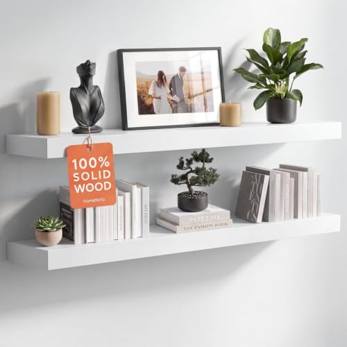 White Floating Shelves 36 inch, High End Solid Real Wood 36inch Floating Shelf for Wall Mounted, White Wooden 36in Long Floating Shelves, Heavy Duty Bracket, 36 X 6.5 X 1.75 inches, Set of 2 - color: Classic White - Soft Neutral Satin, size: 36 inch
