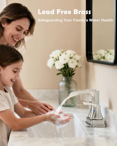 Fapully Bathroom Sink Faucet, Waterfall 4 Inch Centerset Bathroom Faucet | Brushed Nickel, 2-Handle, Lead-Free Brass Bathroom Sink Faucet, Faucet for Bathroom Sink with Pop-up Drain - color: Brushed Nickel