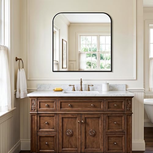 Black Bathroom Vanity Mirror 30x30 Inch | Metal Framed Bathroom Mirror for over Sink, Living Room, Bedroom, Entryway, Mantel, Fireplace Decor, Wall Mounted - size: 30"L x 30"W