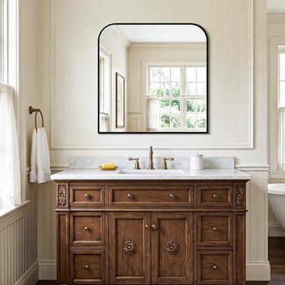 Black Bathroom Vanity Mirror 30x30 Inch | Metal Framed Bathroom Mirror for over Sink, Living Room, Bedroom, Entryway, Mantel, Fireplace Decor, Wall Mounted - size: 30"L x 30"W