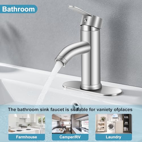 Bathroom Faucet 1 Hole, Brushed Nickel Vanity Faucet,Single Handle | for 1 Hole or 3 Hole Bathroom Sink, RV, Vanity,with Deck and Pop-up Drain Easy to Clean - color: Brushed Nickel