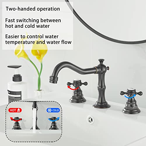 2 Handles 3 Holes Faucet Widespread Bathroom Sink Faucet Oil Rubbed Bronze Basin Tap Mixer Supply Hose Included Matching Pop Up Drain - color: Bronze, style: Ceramic Cover