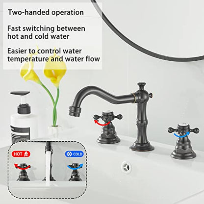 2 Handles 3 Holes Faucet Widespread Bathroom Sink Faucet Oil Rubbed Bronze Basin Tap Mixer Supply Hose Included Matching Pop Up Drain - color: Bronze, style: Ceramic Cover