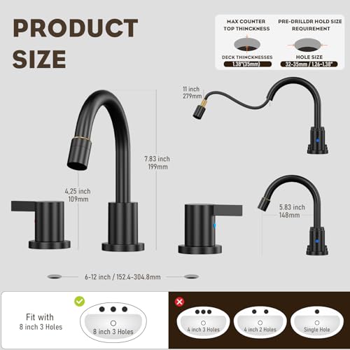 Pull Out Sprayer Matte Black 8 Inch Bathroom Sink Faucet, Widespread 2 Handles 3 Hole Pull Down Bathroom Faucet, with Pop Up Drain and Water Supply Line, BF04022-K01-MB - color: Matte Black
