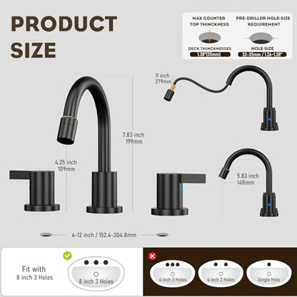 Pull Out Sprayer Matte Black 8 Inch Bathroom Sink Faucet, Widespread 2 Handles 3 Hole Pull Down Bathroom Faucet, with Pop Up Drain and Water Supply Line, BF04022-K01-MB - color: Matte Black