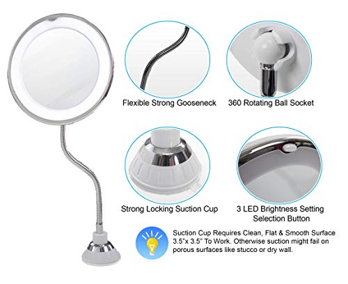5 STAR SUPER DEALS 10x Magnifying Suction Cup Mirror with 14 LED Lights - 6.5" Bathroom Makeup Vanity Mirror with Adjustable Light, 360 Rotating Flexible Gooseneck & Power Lock