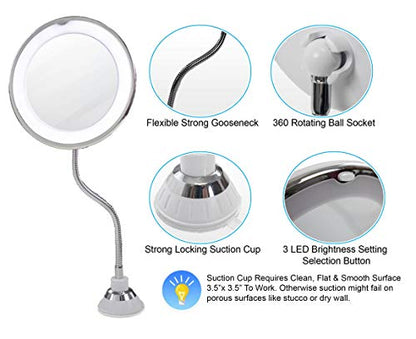 5 STAR SUPER DEALS 10x Magnifying Suction Cup Mirror with 14 LED Lights - 6.5" Bathroom Makeup Vanity Mirror with Adjustable Light, 360 Rotating Flexible Gooseneck & Power Lock