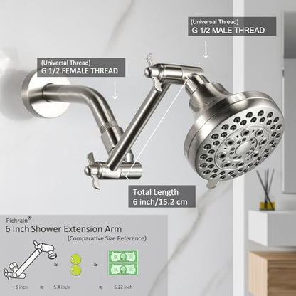 6 Inch Adjustable Shower Head Extension Arm, All-Metal Shower Arm Extender with Locking Set Screw for Rainfall, Fixed, Handheld Showerheads, G1/2 Universal Thread, Easy Installation, Brushed Nickel - color: BNP, style: 6 Inch