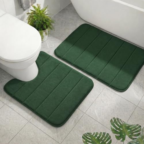 2 Piece Memory Foam Bath Mat Set, Extra Soft Absorbent Bathroom Rugs with U-Shaped Toilet Rug, Non-Slip Backing, Machine Washable, 24x16 + 20x20 U-Shaped, Dark Green - color: Dark Green