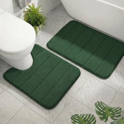 2 Piece Memory Foam Bath Mat Set, Extra Soft Absorbent Bathroom Rugs with U-Shaped Toilet Rug, Non-Slip Backing, Machine Washable, 24x16 + 20x20 U-Shaped, Dark Green - color: Dark Green