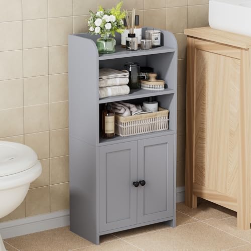 Homhedy Small Bathroom Storage Cabinet, Toilet Paper Storage Cabinet | Bathroom Floor Cabinet with Doors and Shelves, Bathroom Organizers for Small Spaces, 7.9" D x 14.6" W x 31" H, Gray - color: Grey, size: 7.9"D x 14.6"W x 31"H