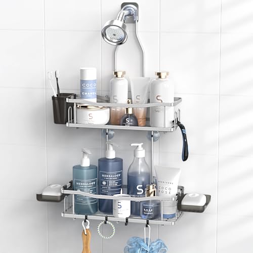 Hanging Shower Caddy Over Shower Head - No Drill Rustproof Shower Rack | Includes Soap Holder and Hooks for Shampoo, Conditioner, and Bathroom Essentials with Stable Storage in Any Shower Space - color: Chrome