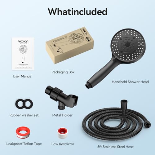 VOXON Shower Head 10 Functions, High Pressure Handheld Shower Head, Built-in 2 Power Wash Mode to Clean Corner, Non-Clogging Nozzles, Leakproof Stainless Steel Hose&Metal Bracket, Black - color: Black