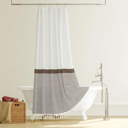 Dynamene 78 Inches Long Shower Curtain, Farmhouse Boho Striped Fabric Tassel Shower Curtains for Bathroom, Tall Bohemian Textured Waterproof Cloth Shower Curtain Set with Hooks, Brown, 72x78 - color: Brown, size: 72"W x 78"L (Pack of 1)
