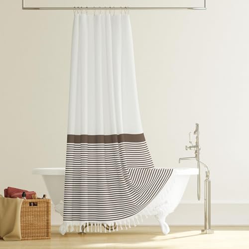 Dynamene Extra Long Shower Curtains, 84 Inches Long Farmhouse Boho Striped Fabric Tassel Shower Curtains for Bathroom, Tall Bohemian Textured Cloth Shower Curtain Set with Hooks, Brown, 72x84 - color: Brown, size: 72"W x 84"L (Pack of 1)