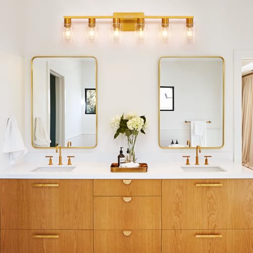 Gold 6 Light Bathroom Vanity Light Brush Gold Bathroom Light Fixtures Brass Vanity Lights for Bathrrom Large Wall Sconce with Clear Glass Shade E26 Socket - color: Gold, size: 6 Light