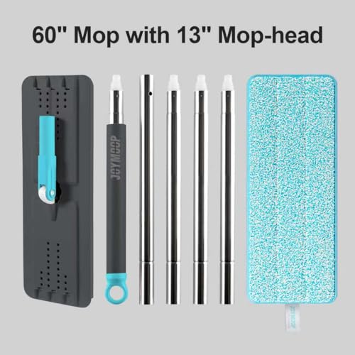 JOYMOOP Flat Mop, Microfiber Floor Cleaner with 60" Long Handle and Flexible 13" Head, Grey & Cyan Blue - color: Grey & Cyan Blue, size: 60" Mop with 13" Mop-head