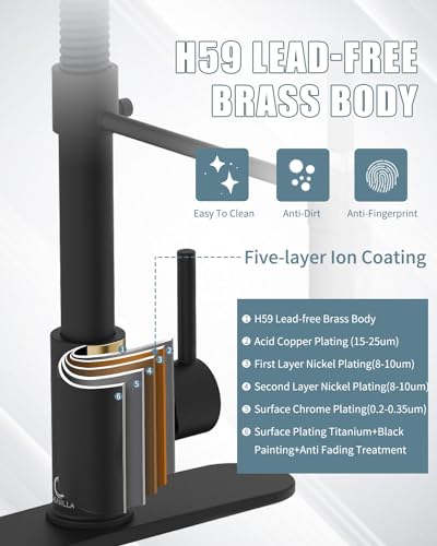 Kitchen Faucet Set, Black Kitchen Sink Faucets with Pull Down Sprayer and Soap Dispenser, Single Handle Stainless Steel Faucets for Kitchen Sinks, Farmhouse RV Faucet with Deck Plate - color: A-Matte Black, style: Contemporary