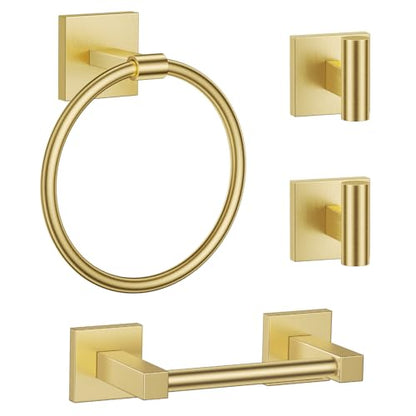 Towel Ring Set 4 Piece Bathroom Hardware Set Includes Towel Ring 2 Towel Hooks and Toilet Paper Holder Stainless Steel Wall Mounted (Brushed Gold) - color: Brushed Gold, size: Set D