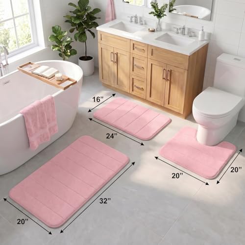 Bathroom Rugs Set 3 Piece, Memory Foam Bath Rugs, Non Slip Washable Bathroom Rug Set, Extra Soft Absorbent Bath Mats with U-Shaped Toilet Rug, Pink - color: Pink