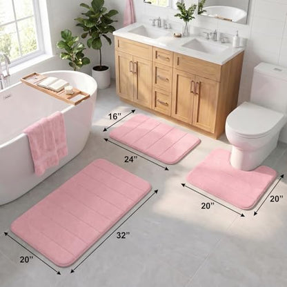 Bathroom Rugs Set 3 Piece, Memory Foam Bath Rugs, Non Slip Washable Bathroom Rug Set, Extra Soft Absorbent Bath Mats with U-Shaped Toilet Rug, Pink - color: Pink