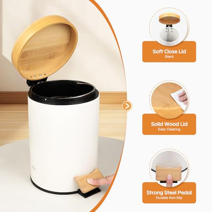 Small Bathroom Trash Can with Natural Bamboo Lid Soft Close，3 Liter / 0.8 GallonStainless Steel Garbage Can with Removable Inner Bucket andStep Pedal（White） - color: White