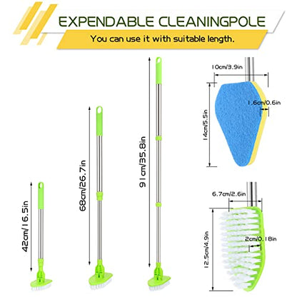 Scrub Cleaning Brush with Long Handle 2 in 1 Extendable Bathroom Floor Brushes with 2 Stiff Bristles and 4 Sponge with Long Handle Detachable Tile Lightweight Cleaner for Bathtub Shower