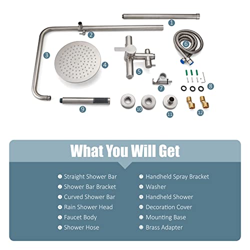 Aolemi Outdoor Shower Kit SUS304 with Cylinder Handheld Brushed Nickel | 2 Function,8 Inch Head,Cylinder Handheld Spray,Adjustable Height,Outside Exposed Shower Fixture,Single Handle,Wall Mount - color: Nickel