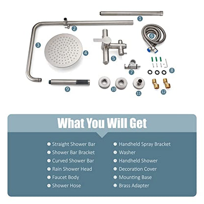 Aolemi Outdoor Shower Kit SUS304 with Cylinder Handheld Brushed Nickel | 2 Function,8 Inch Head,Cylinder Handheld Spray,Adjustable Height,Outside Exposed Shower Fixture,Single Handle,Wall Mount - color: Nickel