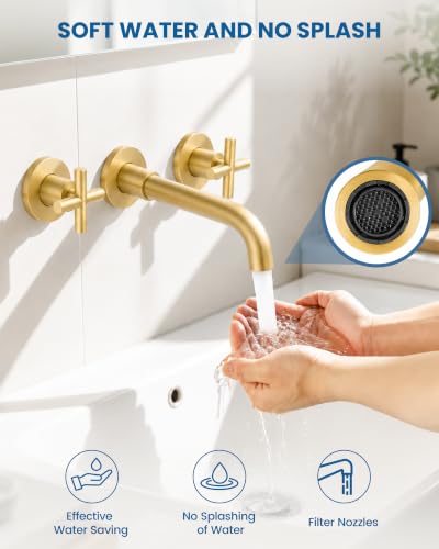 Airuida Solid Brass Brushed Gold Wall Mount Bathroom Faucet | 360° Swivel Spout,Rough in Valve,2 Cross Handle,3 Hole,Widespread - color: Brushed Gold
