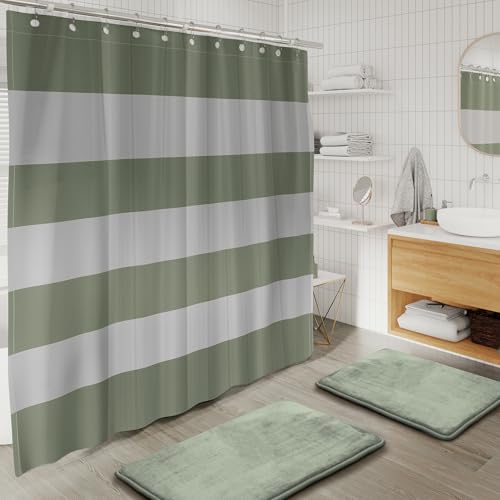 Clara Clark Bathroom Set - Sage Green Bathroom Accessories Set, Bathroom Sets with Shower Curtain and Rugs, 23PC Shower Curtain Set with Liner, Soap Dispenser, Soap Dish, and Toilet Brush Holder - color: Sage Green, size: Complete Set + Bath Rugs