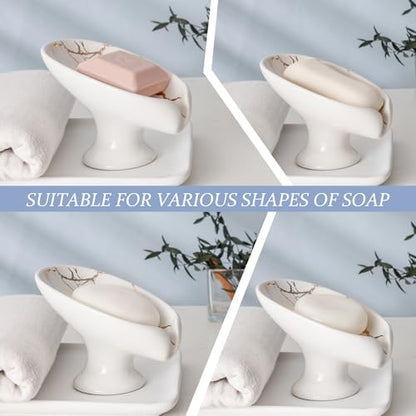 Soap Dish, Soap Holder Self Draining Leaf Shape Soap Dishes, Ceramic Drain Soap Dish for Sink Bathroom Shower Kitchen, Easy to Clean Keeps Soap Dry, Cream White & Gold Marble Pattern, ANTIS'S HOME - color: 1pcs-marble White
