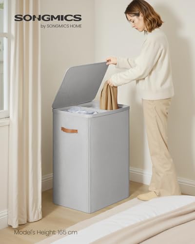 SONGMICS Laundry Basket, 44.9 Gal. Laundry Hamper, 2 Compartments, Easy Assembly, with Lid and Handles, Removable Inner Bags, 22 x 15.7 x 29.5 Inches, Dove Gray ULCB813G01 - color: Dove Gray, size: 170 L (2-Section)