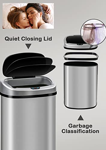 13 Gallon/50 L Kitchen Trash Can With Stainless Steel Touch-Free Lid, Automatic Motion Sensor Garbage Can for Bathroom, Brushed Finish - color: Stainless Steel
