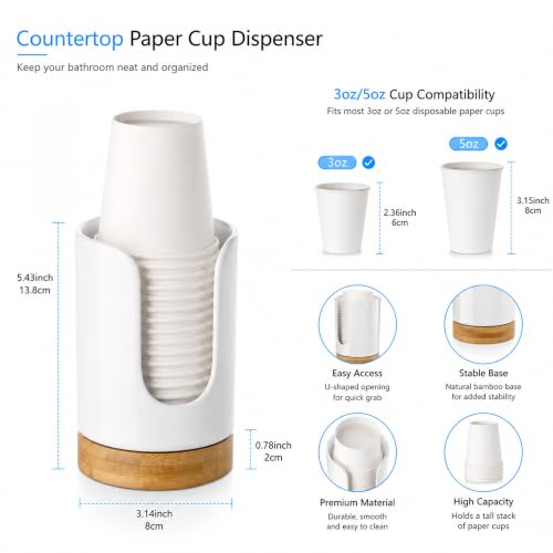 Ceramic Bathroom Cup Holder, 3-5 oz Cup Dispenser, White | Disposable Paper & Plastic Bathroom Cups Holder - Mouthwash Cups Dispenser for Bathroom, Guest Toiletries, Countertop, Coffee - color: White