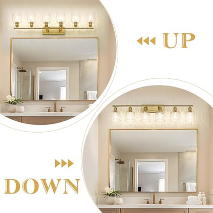 zeyu 42.2'' Modern Bathroom Gold Light Fixture, 6 Light Bathroom Lighting Fixtures Over Mirror Bedroom, Brushed Gold Finish with Clear Hammered Glass, ZJF63B-6W BG - color: Brushed Gold|Hammered Glass, size: 6-Light