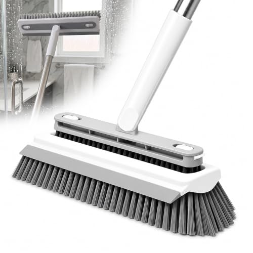 3-in-1 Floor Scrub Brush with 55” Long Handle, V-Shape & Squeegee | V-shape head,built-in squeegee,removable detail brush,55" long handle,stiff bristles,180°rotating,3-in-1 floor scrub brush