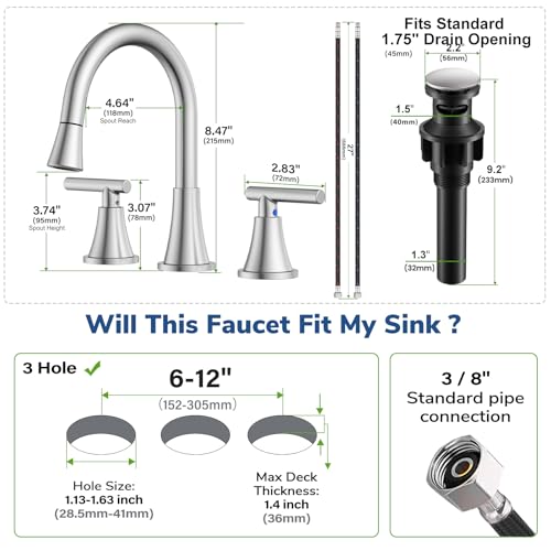 8 Inch Pull Out Sprayer Bathroom Faucet 3 Hole, Widespread 2 Handle Sink Faucet with Pop Up Drain and Supply Lines, Stainless Steel for Vanity, RV, Brushed Nickel - color: Brushed Nickel, size: 8 IN