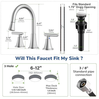 8 Inch Pull Out Sprayer Bathroom Faucet 3 Hole, Widespread 2 Handle Sink Faucet with Pop Up Drain and Supply Lines, Stainless Steel for Vanity, RV, Brushed Nickel - color: Brushed Nickel, size: 8 IN