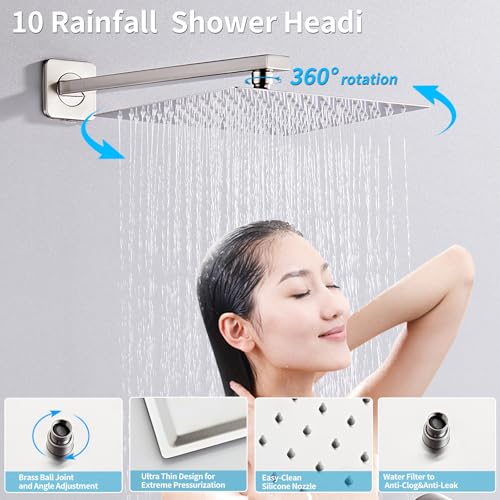 Brushed Nickel Shower Tub Faucet Set, Wall Mounted 12 Inch Shower Heads with Handheld Spray Combo and Tub Shower Faucet, Luxury Bathroom Square Rain Shower System - 4 Hooks - color: Brushed Nickel, style: 12 Inch with Tub Spout