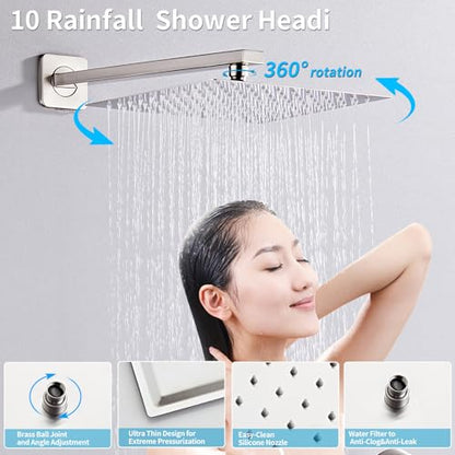 Brushed Nickel Shower Tub Faucet Set, Wall Mounted 12 Inch Shower Heads with Handheld Spray Combo and Tub Shower Faucet, Luxury Bathroom Square Rain Shower System - 4 Hooks - color: Brushed Nickel, style: 12 Inch with Tub Spout