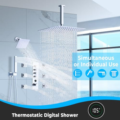 Full Body Dual Heads Rain Shower System with Jets Can Run Together | 4-way Thermostatic Digital Shower Faucets Set, 12" + 6" Tilted Shower + 6 Body Sprays + Handheld, Chrome - color: Chrome, style: 12” + 6" + 6 Jets