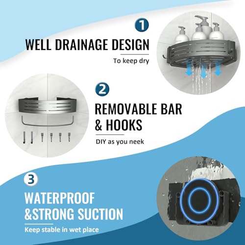 Onemake Corner Shower Caddy with Suction Cups, 1-Pack Shelf for Bathroom | Removable Aluminum Wall Mounted Organizer Shelves, Storage Rack with Towel Bar & Portable Hooks, for Bathroom, Kitchen,Grey - style: 1 Tier-Gray-Triangle Caddy