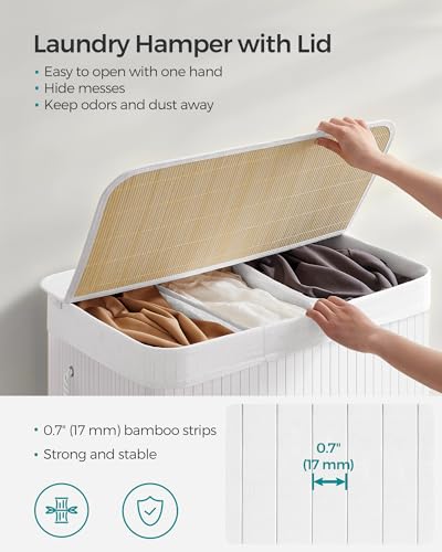 SONGMICS Laundry Hamper, 39.6 Gallons (150L), 3-Section Laundry Basket, Laundry Hamper with Lid, Bamboo, Foldable, Removable and Machine Washable Liner, for Laundry Room, Bedroom, White ULCB091W01 | Foldable Laundry Basket, Removable and Machine Washable