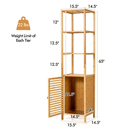 Tall Bamboo Cabinet, Narrow Bathroom Floor Storage Cabinet with 3 Tier Shelves & Shutter Door, Slim Linen Tower Cabinet for Living Room or Kitchen, 15.5 x 14.5 x 65 inches