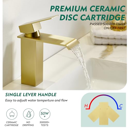 CREA Brushed Gold Bathroom Faucet 1 Hole,Gold Waterfall Bathroom Faucet Single Handle Bathroom Sink Faucet with Drain Stopper/ 3 Hole Deck Plate,RV Basin Vanity Faucet,Stainless Steel - color: Brushed Gold, style: Wide Spout